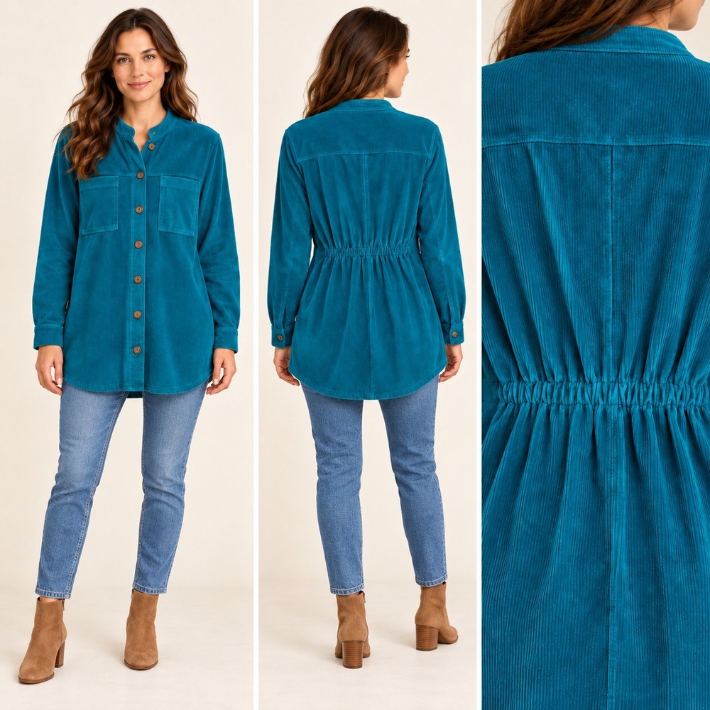 Lands' End Womens L Teal Stretch Corduroy Shacket Tunic Shirt Jacket Pockets